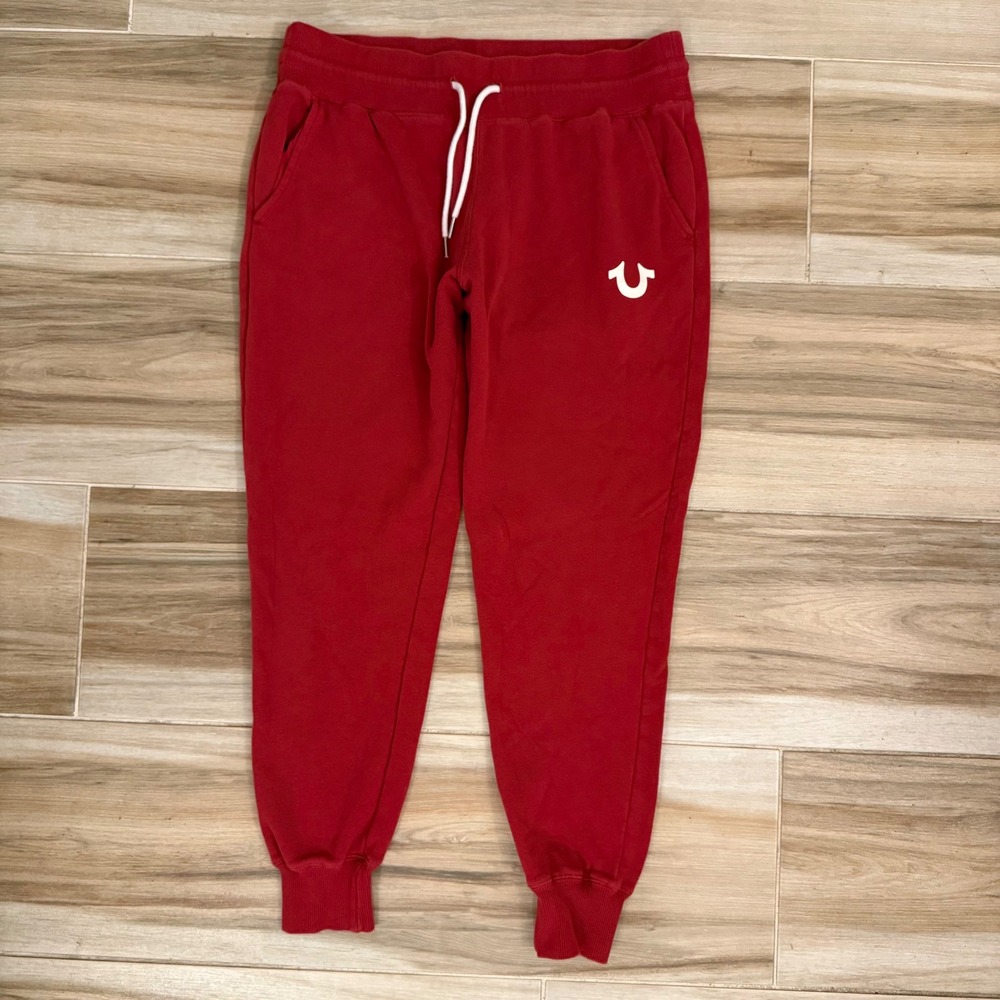 True Religion Mens Red Horseshoe Logo Fleece Jogger Sweatpants Large